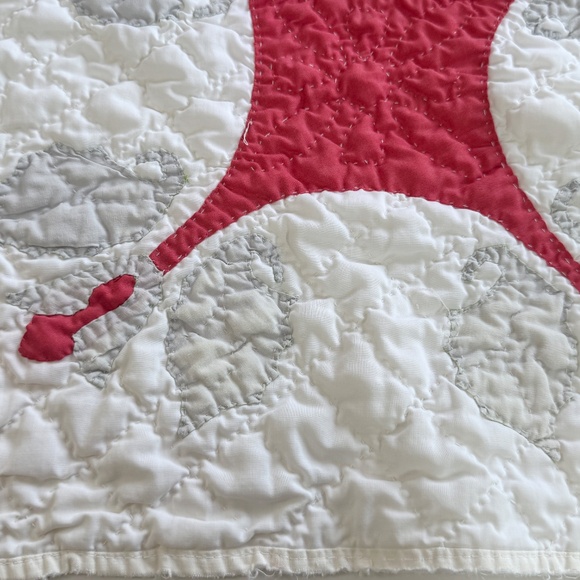 Vintage 70s hand stitched quilt, red, white and grey, full size, flawed, AS IS - Picture 11 of 15